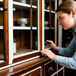 A focused professional, fully clothed in a modest, smart casual outfit, carefully inspecting an antique wooden cabinet in a well-lit second-hand furniture store. She is gently touching the wood surface and peeking inside a drawer with a small flashlight, meticulously checking for any imperfections. The scene emphasizes attention to detail and quality assessment. This image is safe for work, appropriate content, fully clothed, with perfect anatomy, correct proportions, a natural pose, well-formed hands, proper finger count, and natural body proportions, presented as professional photography, high quality, and family-friendly.