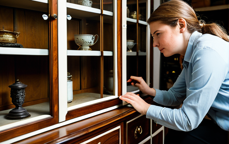 A focused professional, fully clothed in a modest, smart casual outfit, carefully inspecting an antique wooden cabinet in a well-lit second-hand furniture store. She is gently touching the wood surface and peeking inside a drawer with a small flashlight, meticulously checking for any imperfections. The scene emphasizes attention to detail and quality assessment. This image is safe for work, appropriate content, fully clothed, with perfect anatomy, correct proportions, a natural pose, well-formed hands, proper finger count, and natural body proportions, presented as professional photography, high quality, and family-friendly.