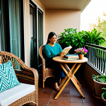 Cozy Balcony Retreat**

"A serene balcony transformed into a relaxing retreat, featuring comfortable wicker chairs and a small wooden table. Lush green plants and colorful flowers adorn the space. Soft, ambient lighting. Fully clothed person reading a book. Safe for work, appropriate content, family-friendly, professional photography, natural lighting, perfect anatomy, modest attire."

**