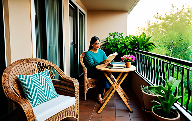 Cozy Balcony Retreat**

"A serene balcony transformed into a relaxing retreat, featuring comfortable wicker chairs and a small wooden table. Lush green plants and colorful flowers adorn the space. Soft, ambient lighting. Fully clothed person reading a book. Safe for work, appropriate content, family-friendly, professional photography, natural lighting, perfect anatomy, modest attire."

**