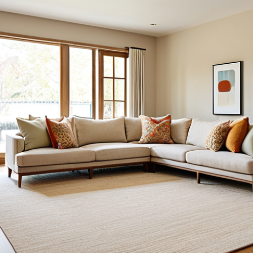 Harmonious Living Room**

"A bright and airy living room featuring a neutral 米色 (mǐ sè - beige) color palette, natural wood furniture with clean lines, and pops of warm color through strategically placed cushions and artwork. Large windows maximize natural light. Includes a comfortable wool rug. Safe for work, appropriate content, fully clothed, professional, perfect anatomy, natural proportions."

**