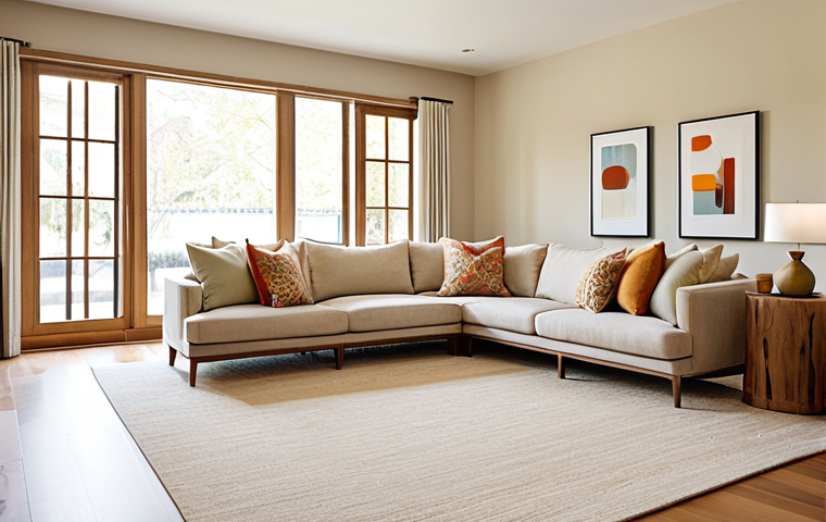 Harmonious Living Room**

"A bright and airy living room featuring a neutral 米色 (mǐ sè - beige) color palette, natural wood furniture with clean lines, and pops of warm color through strategically placed cushions and artwork. Large windows maximize natural light. Includes a comfortable wool rug. Safe for work, appropriate content, fully clothed, professional, perfect anatomy, natural proportions."

**