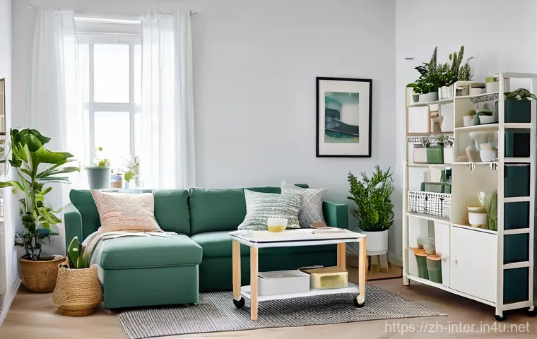 이케아 가성비 가구 추천 - **A beautifully organized, bright small apartment living area, showcasing IKEA-style multifunctional...