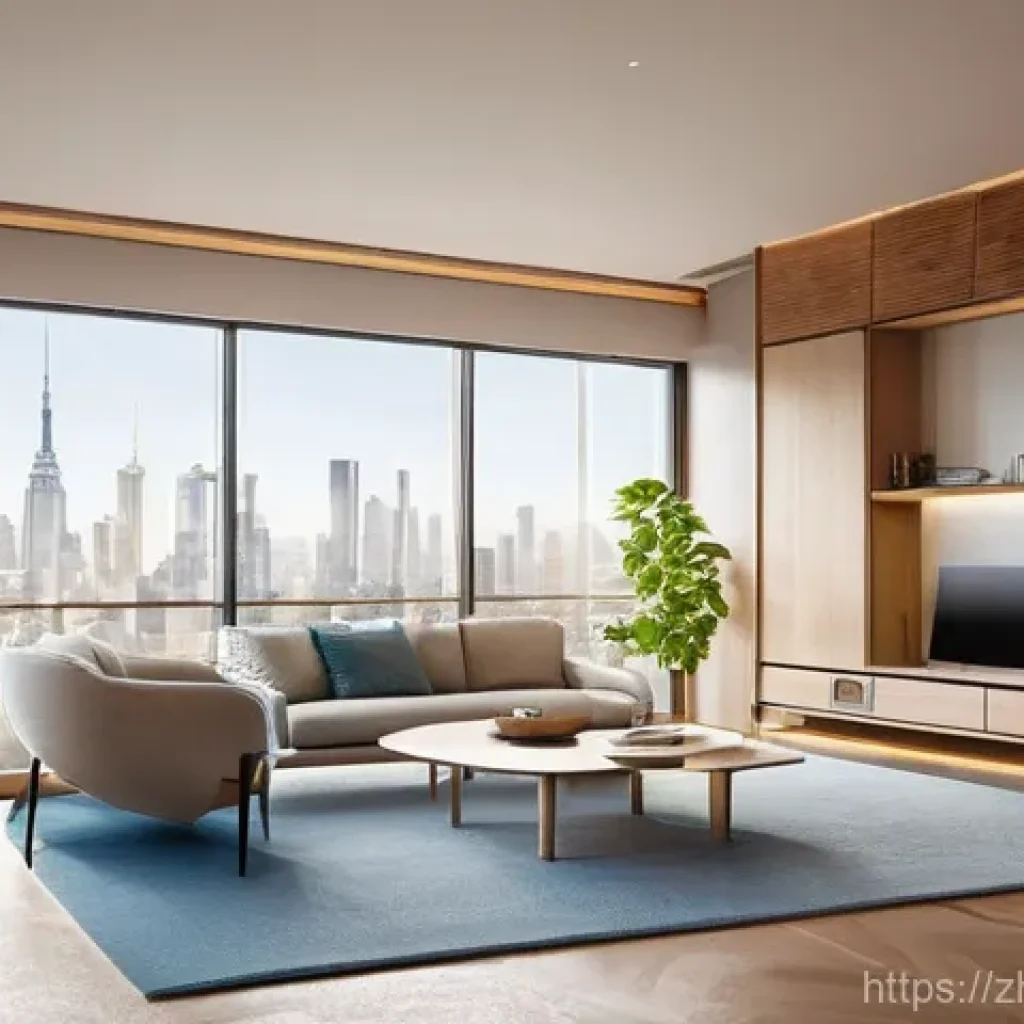 거실 러그 추천 및 관리법 - **Prompt:** A futuristic and eco-conscious living room. In the center, a smart carpet made from recy...