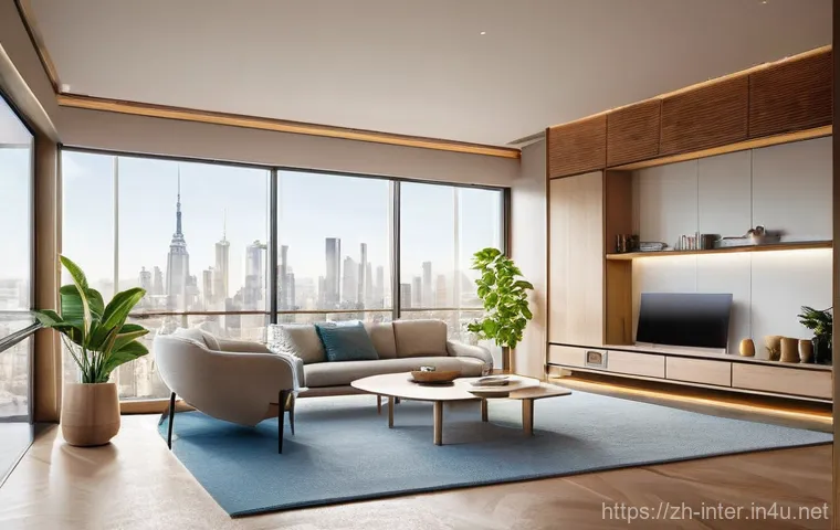 거실 러그 추천 및 관리법 - **Prompt:** A futuristic and eco-conscious living room. In the center, a smart carpet made from recy...