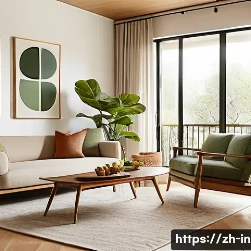 미드 센추리 모던 인테리어 - A mid-century modern living room interior featuring natural materials: warm oak wood furniture with ...