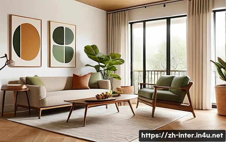 미드 센추리 모던 인테리어 - A mid-century modern living room interior featuring natural materials: warm oak wood furniture with ...