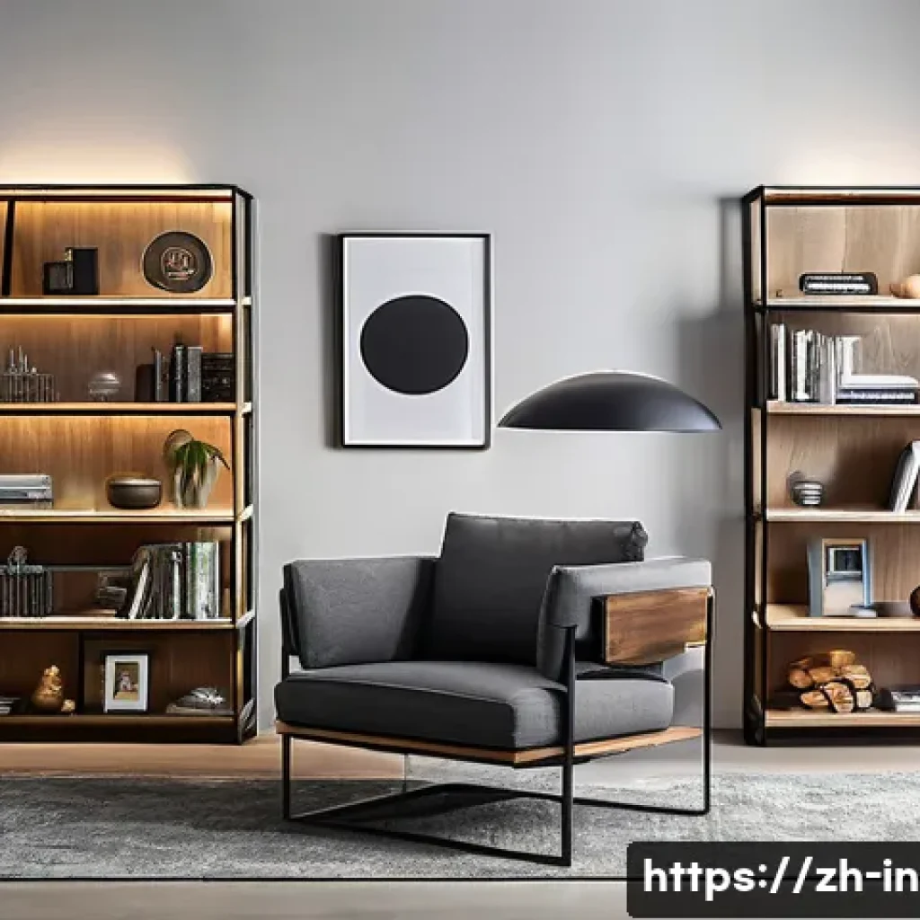 책장 인테리어 아이디어 - A modern living room featuring a multi-functional bookshelf combining solid oak wood and black metal...