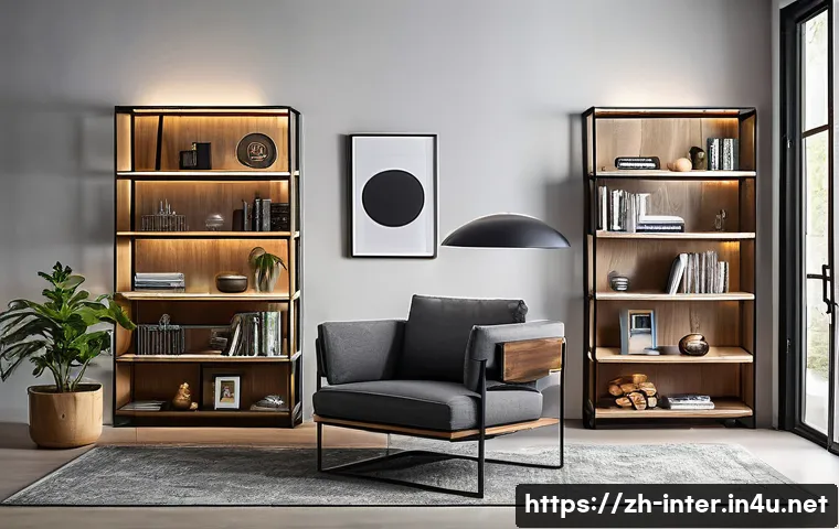 책장 인테리어 아이디어 - A modern living room featuring a multi-functional bookshelf combining solid oak wood and black metal...