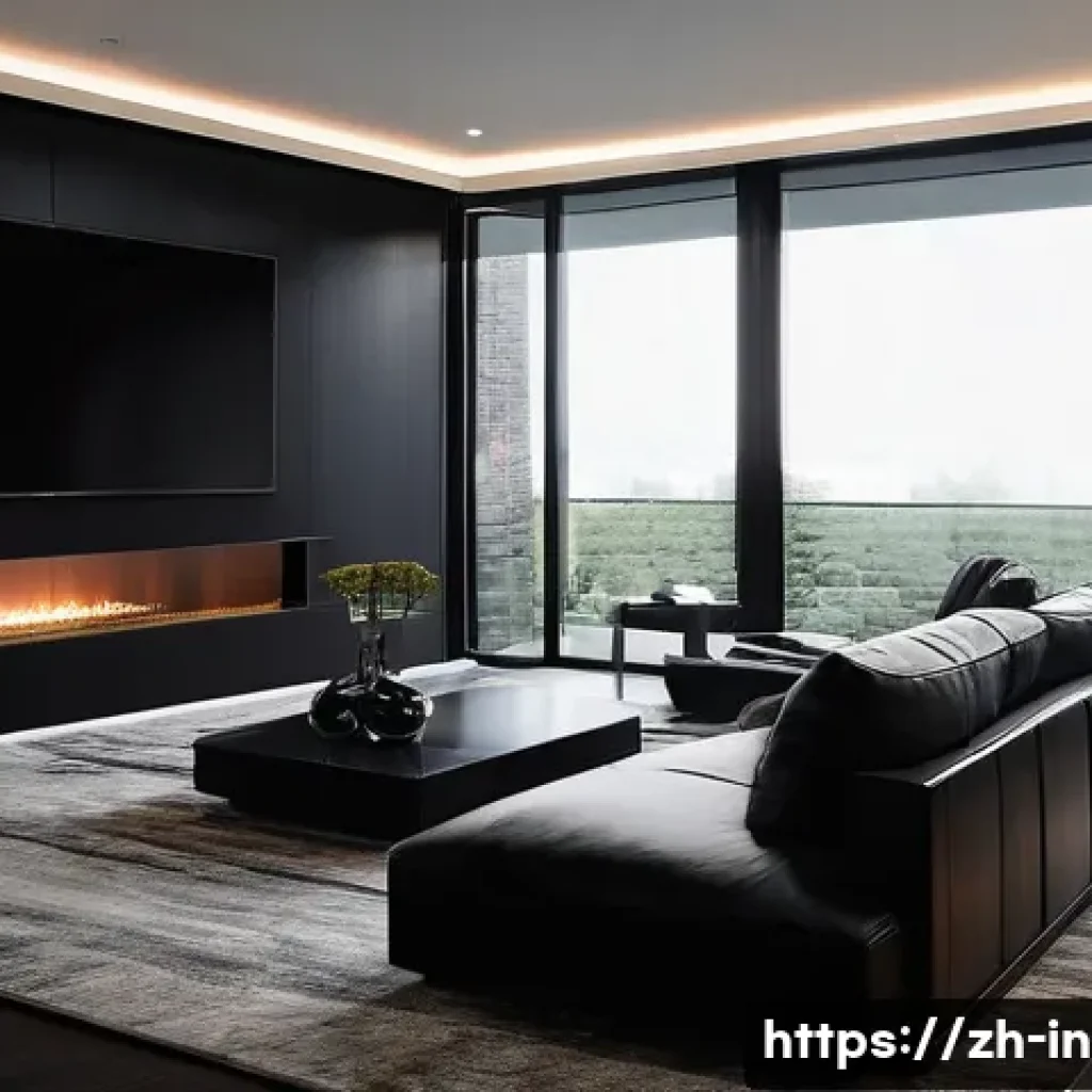 블랙 인테리어 감성 연출 - A sophisticated modern living room interior featuring a matte black TV accent wall paired with a glo...