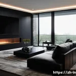 블랙 인테리어 감성 연출 - A sophisticated modern living room interior featuring a matte black TV accent wall paired with a glo...