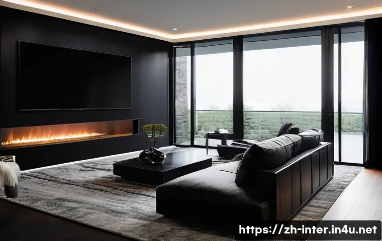 블랙 인테리어 감성 연출 - A sophisticated modern living room interior featuring a matte black TV accent wall paired with a glo...