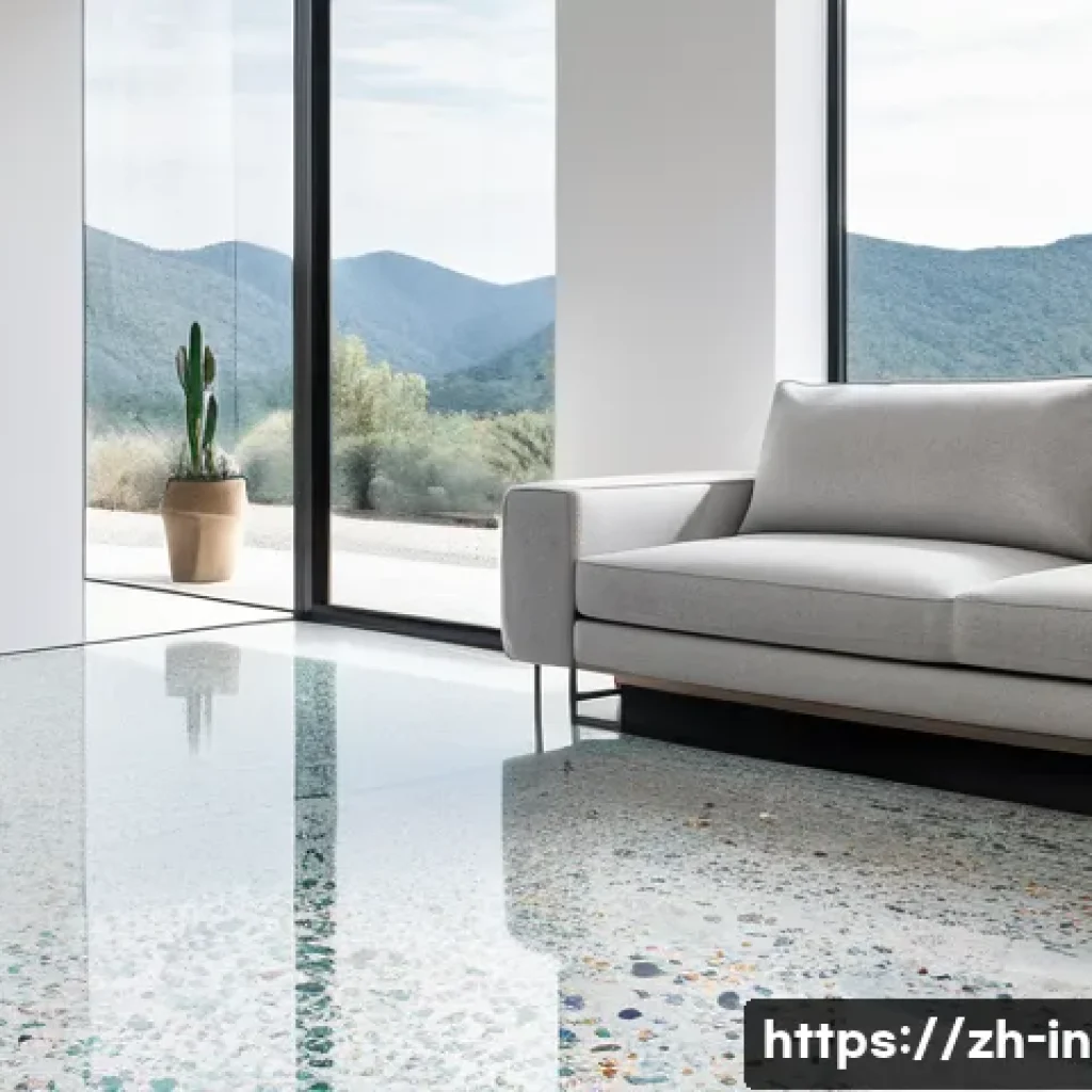 테라조 인테리어 활용법 - A modern minimalist living room featuring terrazzo flooring with small, colorful marble and glass ch...