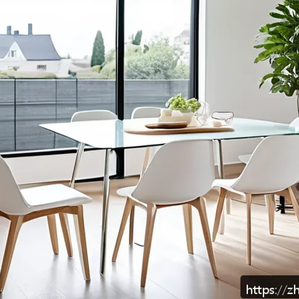 유리 테이블 종류 및 선택법 - A modern living room scene featuring a sleek tempered glass dining table with smooth, rounded edges ...