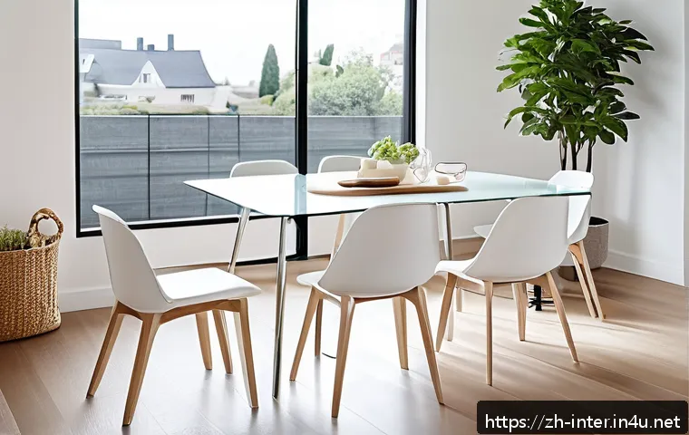 유리 테이블 종류 및 선택법 - A modern living room scene featuring a sleek tempered glass dining table with smooth, rounded edges ...