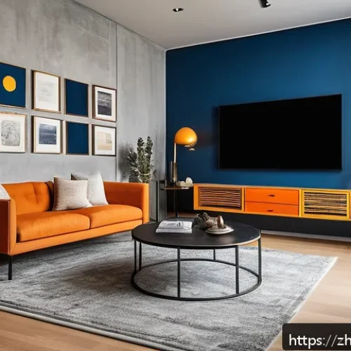 거실 아트월 디자인 추천 - A modern living room art wall featuring a deep blue painted concrete texture with an industrial styl...
