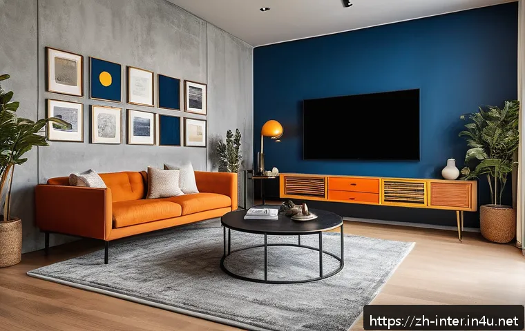 거실 아트월 디자인 추천 - A modern living room art wall featuring a deep blue painted concrete texture with an industrial styl...