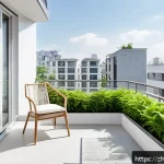 아파트 베란다 확장 장단점 - A modern minimalist extended balcony in a small urban apartment, featuring clean lines and light neu...