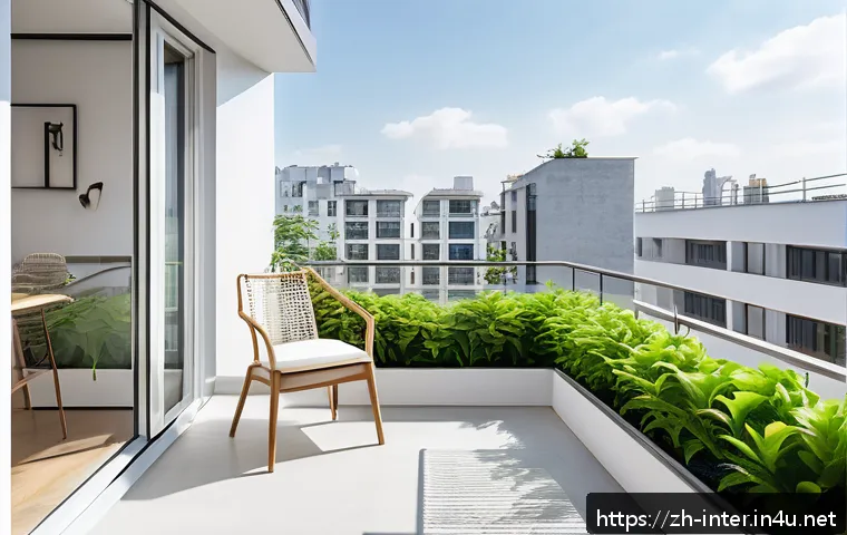 아파트 베란다 확장 장단점 - A modern minimalist extended balcony in a small urban apartment, featuring clean lines and light neu...