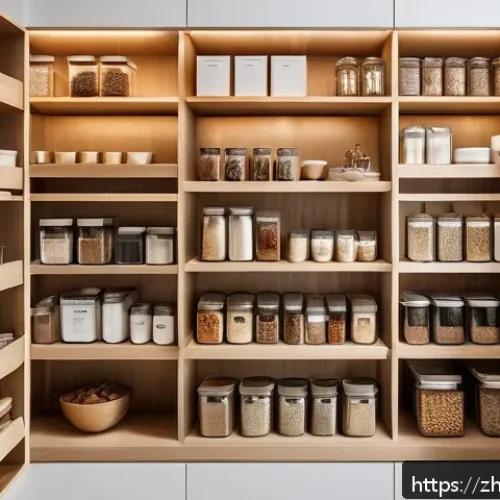 팬트리 공간 정리 아이디어 - A modern kitchen pantry interior with well-organized zones labeled &ldquo;Baking Area,&rdquo; &ldquo;Spices Area,&rdquo; and...
