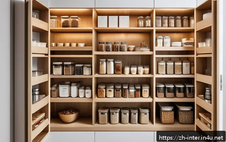 팬트리 공간 정리 아이디어 - A modern kitchen pantry interior with well-organized zones labeled &ldquo;Baking Area,&rdquo; &ldquo;Spices Area,&rdquo; and...