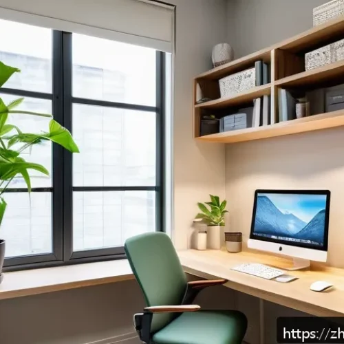 홈 오피스 인테리어 팁 - A cozy home office corner near a large window with soft natural daylight pouring in, featuring a sem...