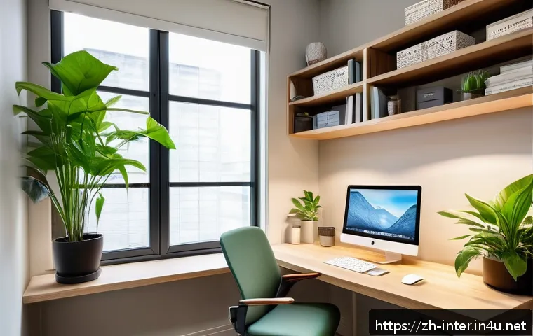 홈 오피스 인테리어 팁 - A cozy home office corner near a large window with soft natural daylight pouring in, featuring a sem...