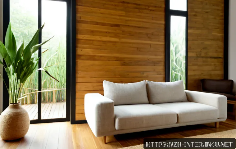 친환경 인테리어 소재 - Photorealistic sustainable living room featuring reclaimed wood wall panels, bamboo flooring, natura...
